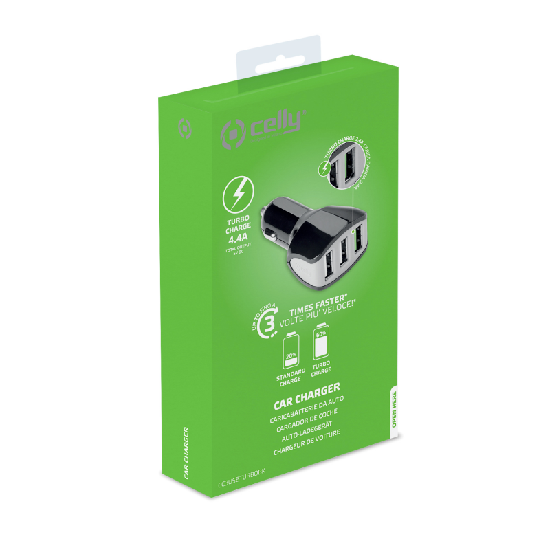 CELLY TURBO AUTO PUNJAČ 3 USB 4.4 A/22 W CRNI - Slika 3