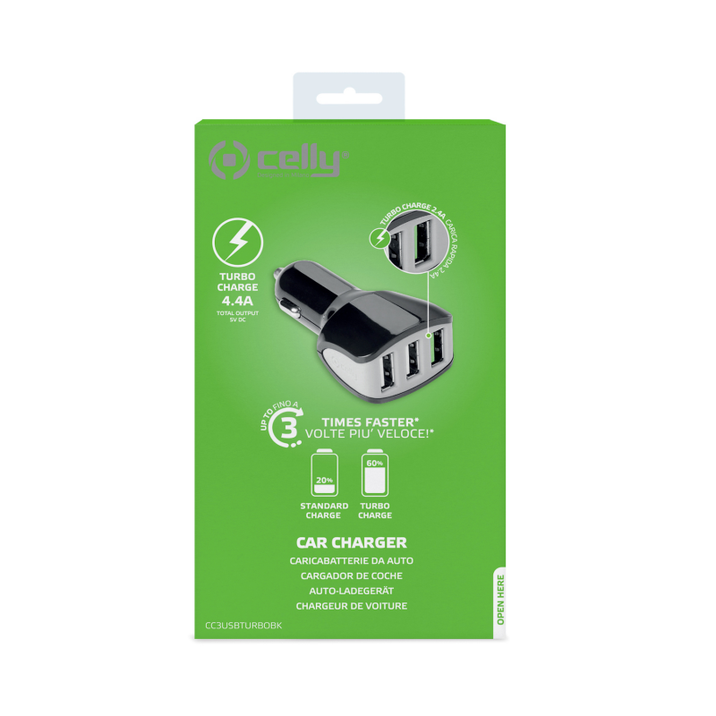 CELLY TURBO AUTO PUNJAČ 3 USB 4.4 A/22 W CRNI - Slika 4