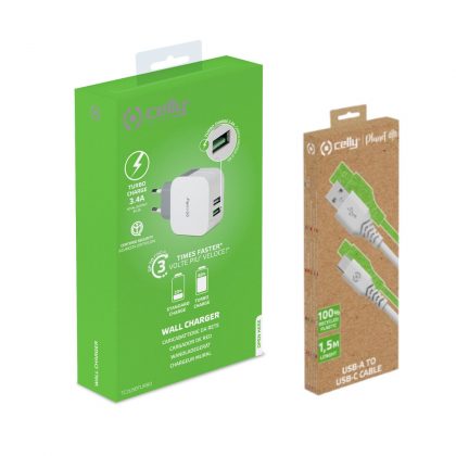 CELLY ADAPTER 2 USB + CELLY KABEL USB-A/ USB-C 1,5 M